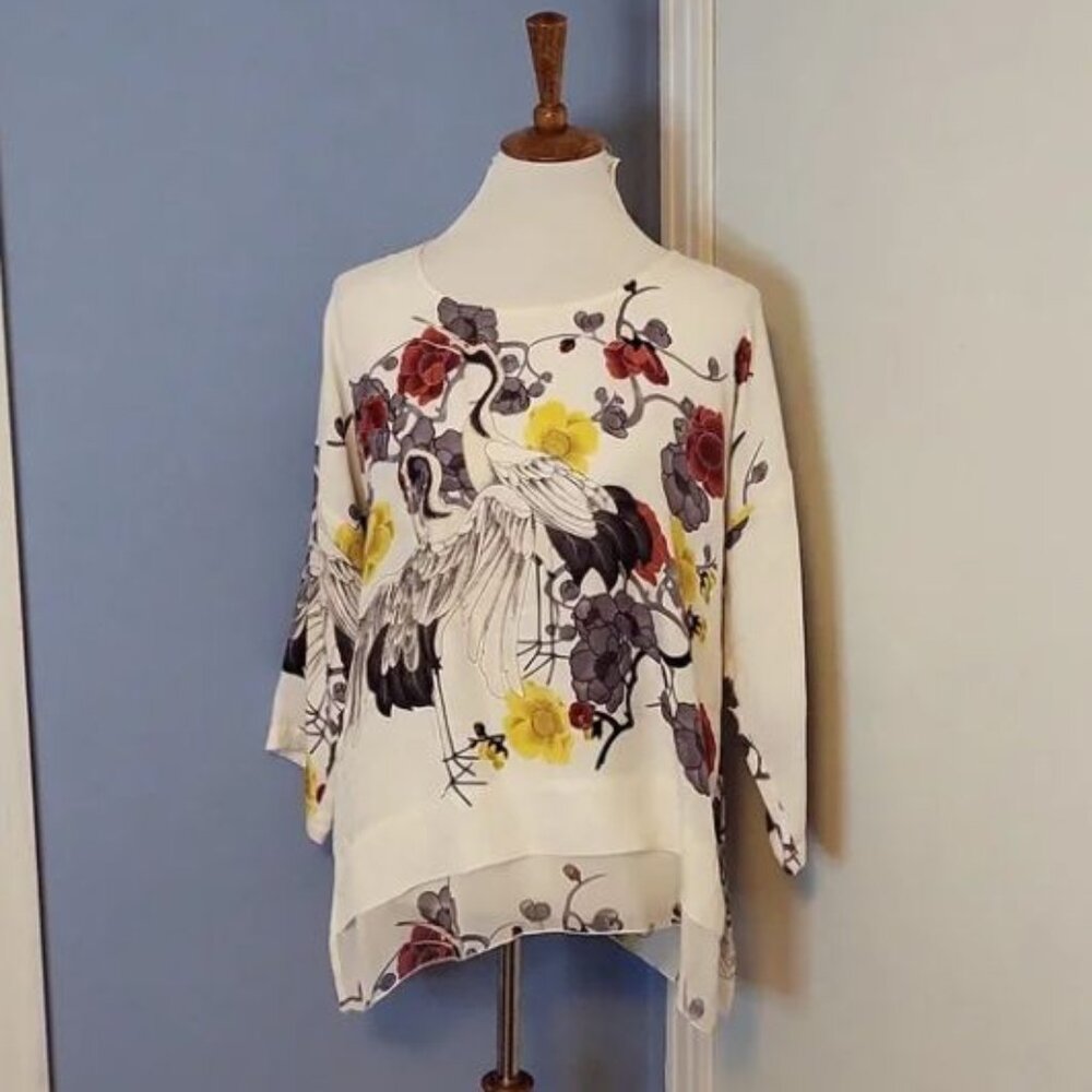 CITRON Top Blouse Silk Ivory Floral Yellow Black Small Layered Crane Birds